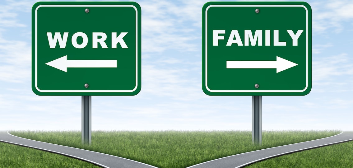 Work or family symbol representing the important life choice of raising a family and spending time at home or working at a business to make money with crossroad traffic signs on green grass and sky.