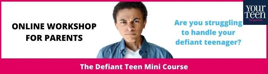 The Defiant Teen Mini Course ad Online Workshop for Parents. Are you struggling to handle your defiant teenager?