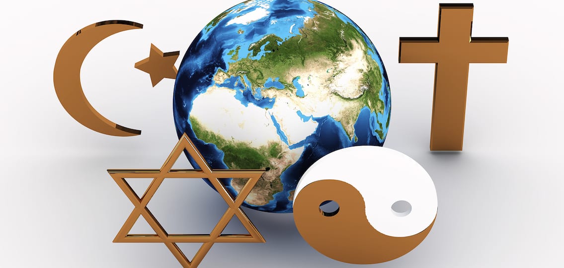 Religious symbols of our planet around a globe on a white background