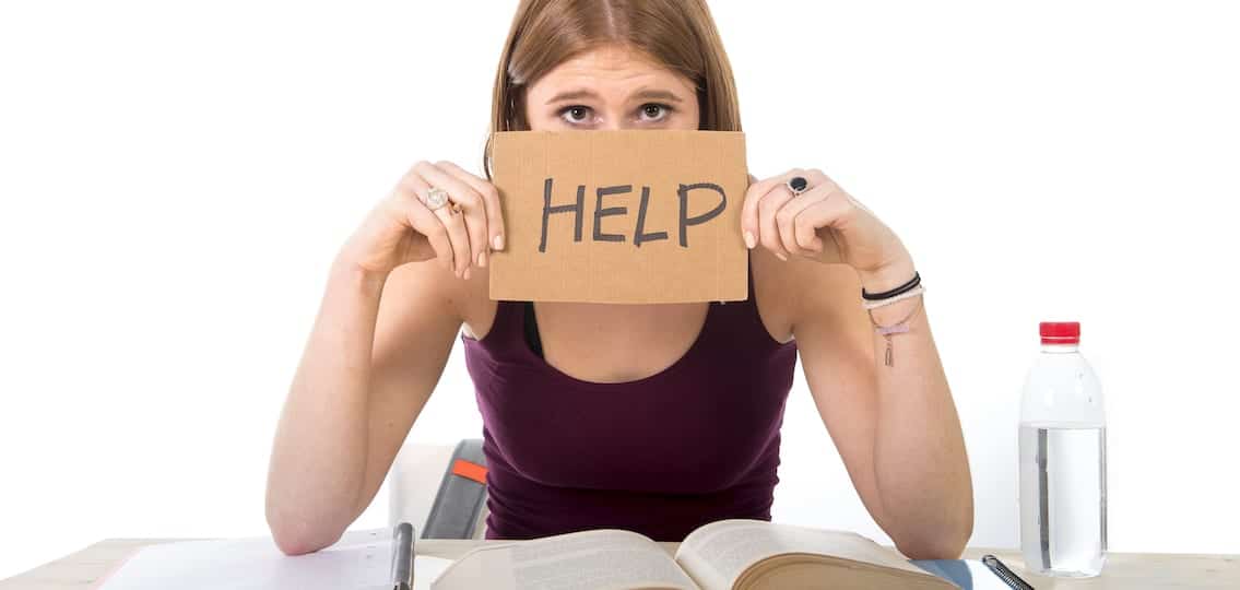 College Student Girl Studying For University Exam Worried In Stress Asking For Help