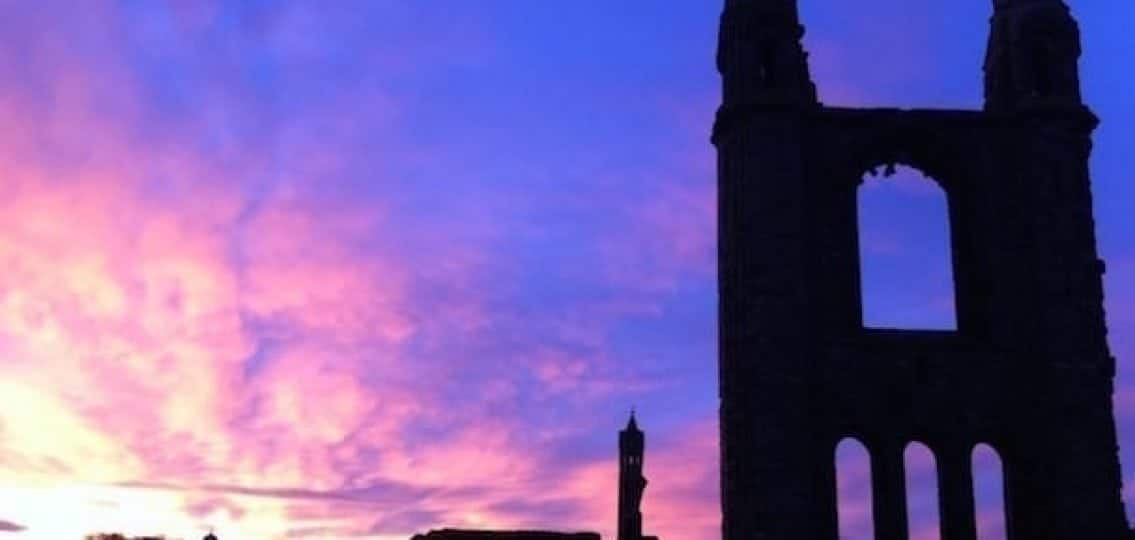 Ruins in Scotland near St. Andrew's University silhouetted in the sunset