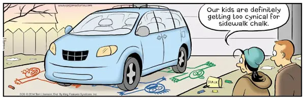 comic of dead chalk drawings under car tires parents with speech bubble "Our kids are definitely getting too cynical for sidewalk chalk