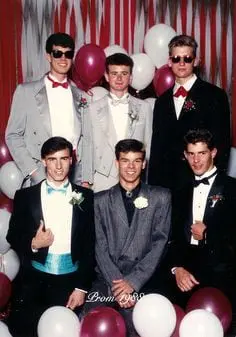teen boys in 80s prom tuxedos with caption prom 1988. Source: Pinterest