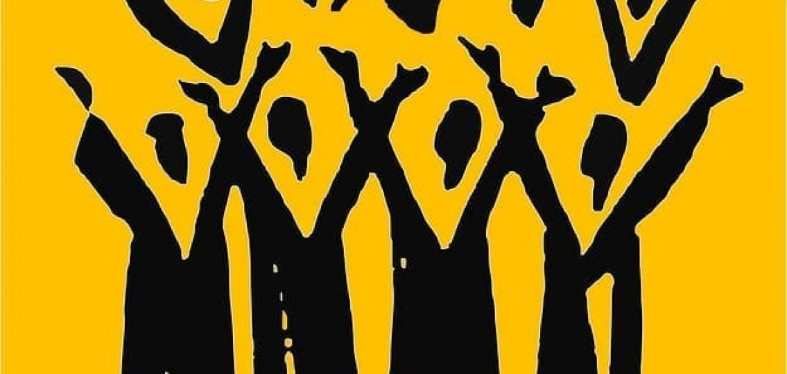 illustration of a choir black figures on a yellow background