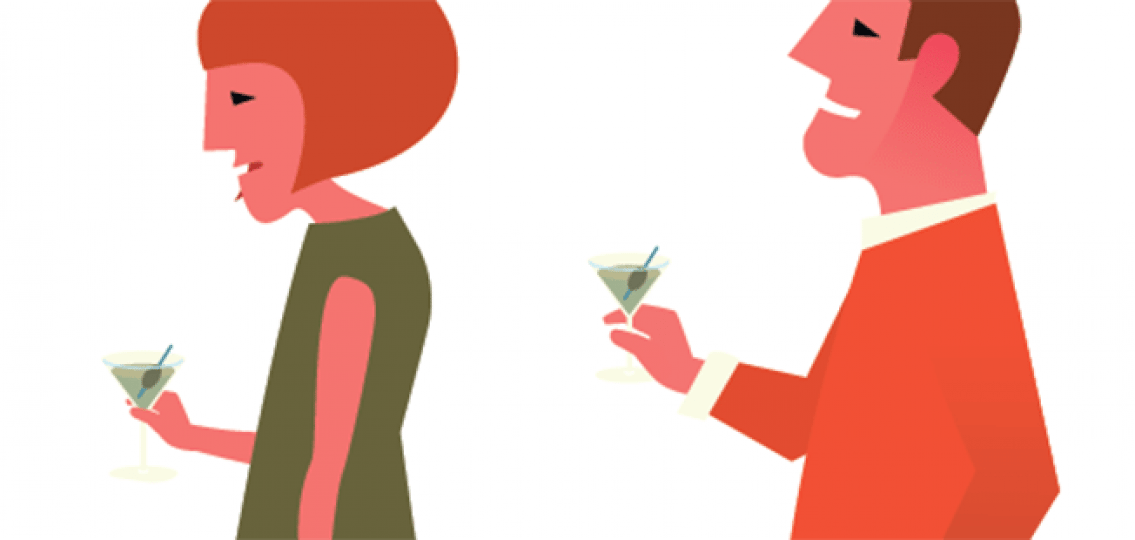 cartoon man and woman at a cocktail party