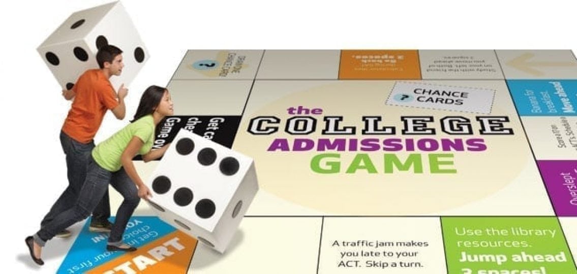 teens with giant dice on a giant board game labeled The College Admissions Game