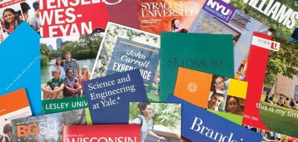 a pile of magazines and brochures advertising for various colleges and universities