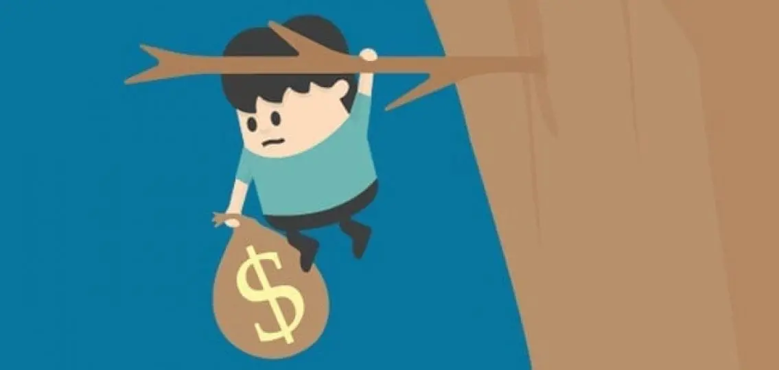 cartoon of a boy holding a sack of money dangling precariously from a tree branch