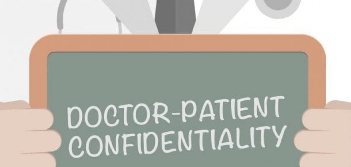 cartoon of a doctor holding a chalkboard with the words doctor-patient confidentiality