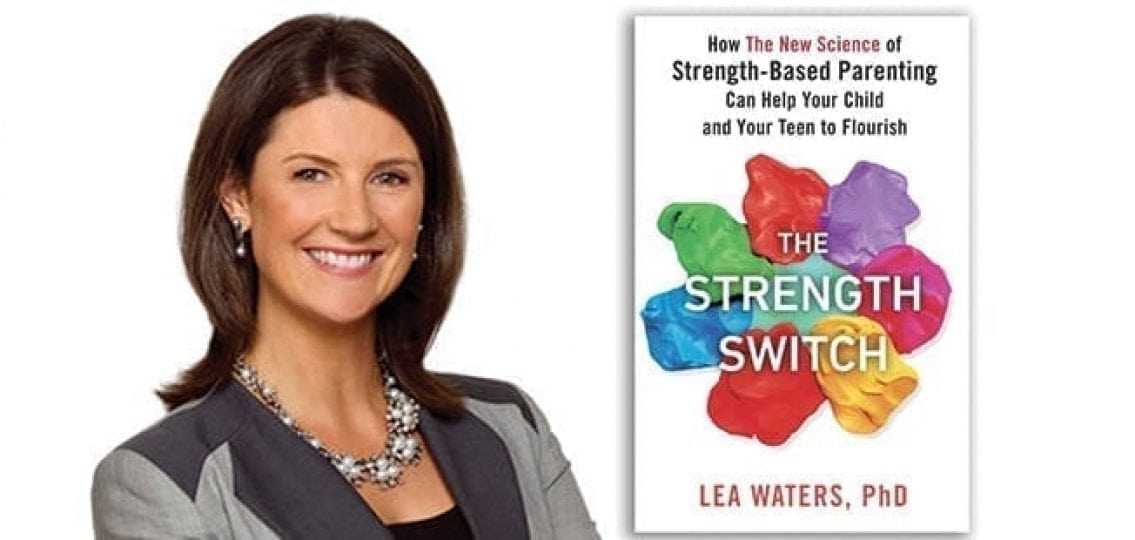 Author Lea Waters, Ph.D. next to her book The Strength Switch
