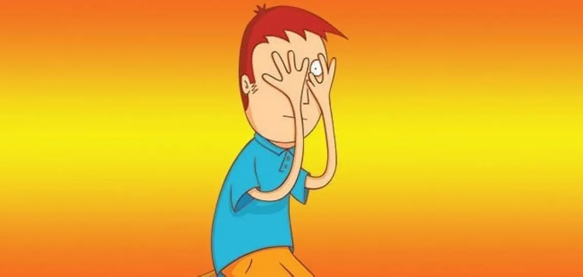 cartoon embarrassed man covering eyes on an orange background