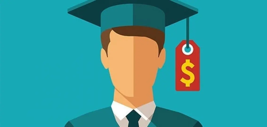 cartoon of a graduate with a tassel with a price tag on it