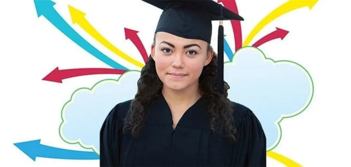 a teen in graduation robed surrounded by colorful arrows going in different directions
