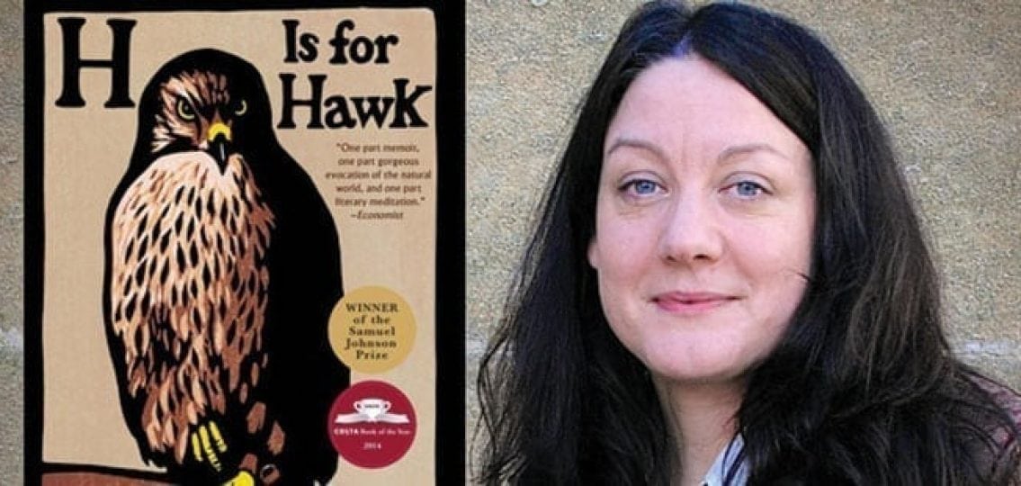 Author Helen MacDonald next to her book H Is For Hawk
