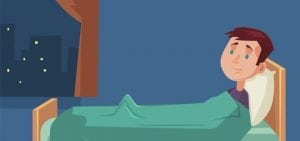 cartoon teenage boy lying in bed wide awake in the middle of the night