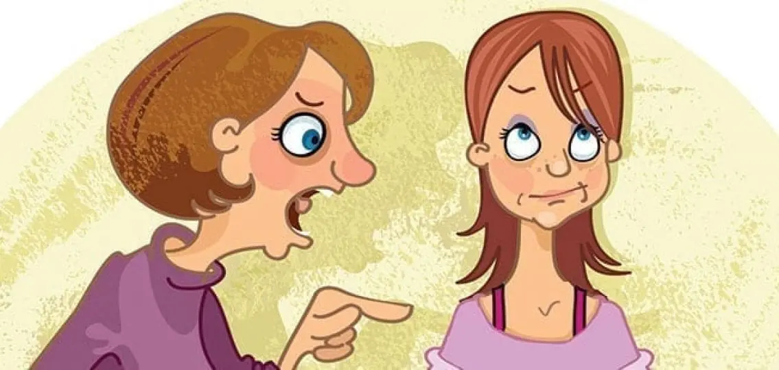 cartoon mom red faced scolding her annoyed teen daughter rolling her eyes