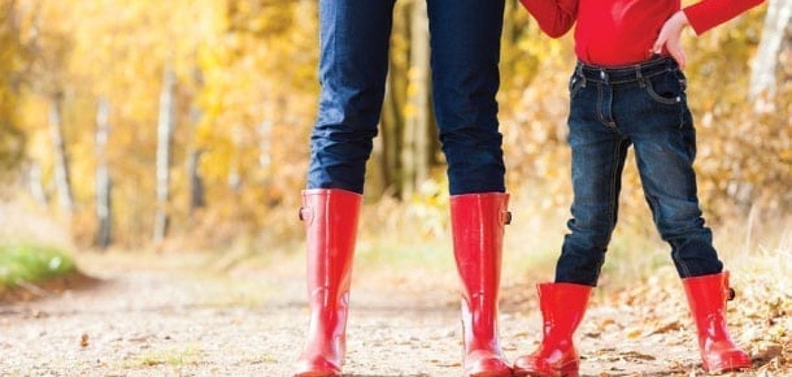 mom and young daughter in red rubber boots