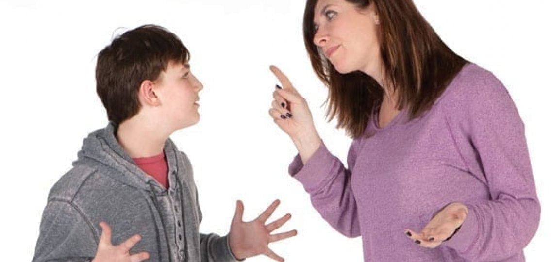 mom nagging teen son boy waving his hands