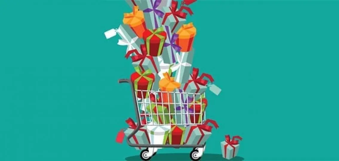cartoon of a shopping cart full of wrapped gifts