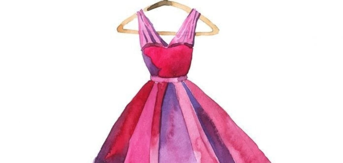 watercolor of a pink and purple prom dress on a coat hanger