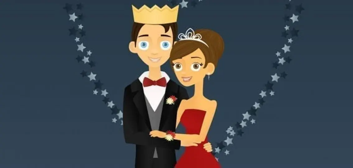 cartoon illustration of a prom king and queen posing in front of stars that make a heart
