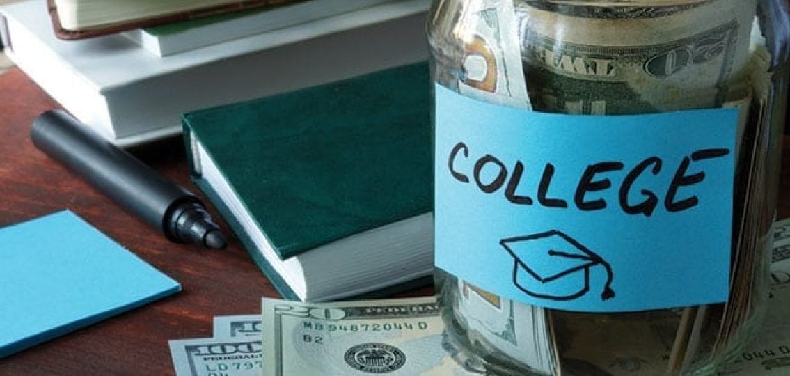 jar full of money labeled college surrounded by books
