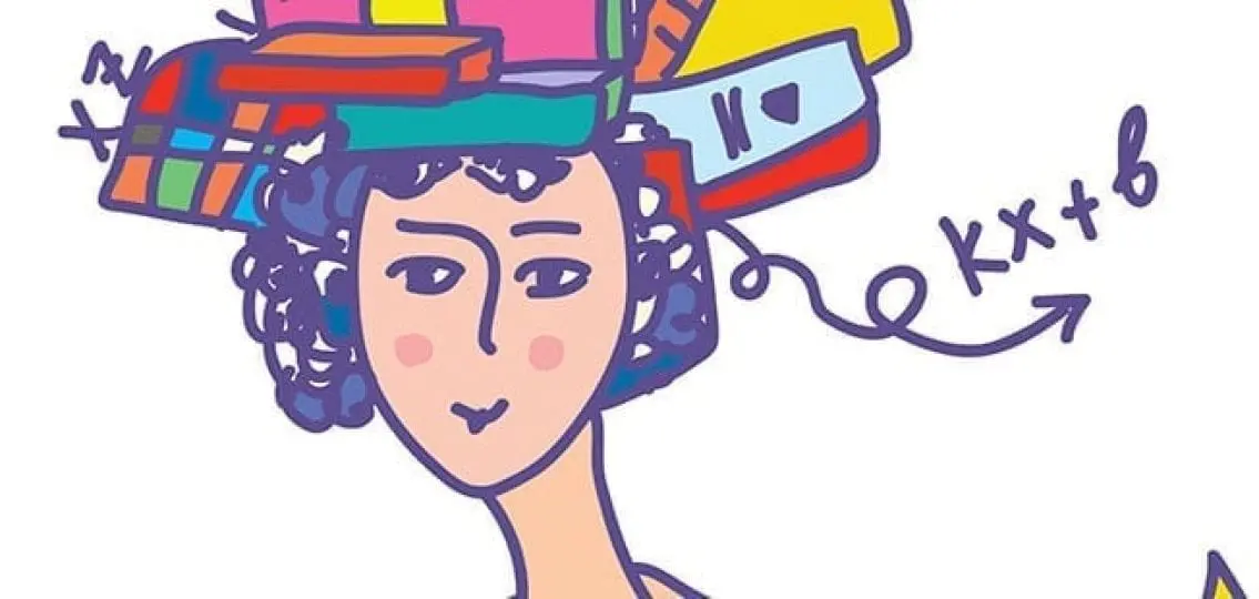 illustration of a smiling girl with homework sticking out of her head