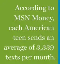 "According to MSN Money, each American teen sends an average of 3,339 texts per month."