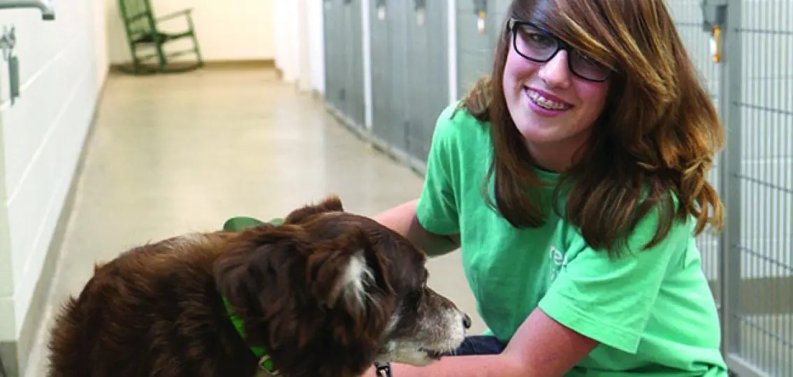 teenager with braces volunteering at an animal shelter