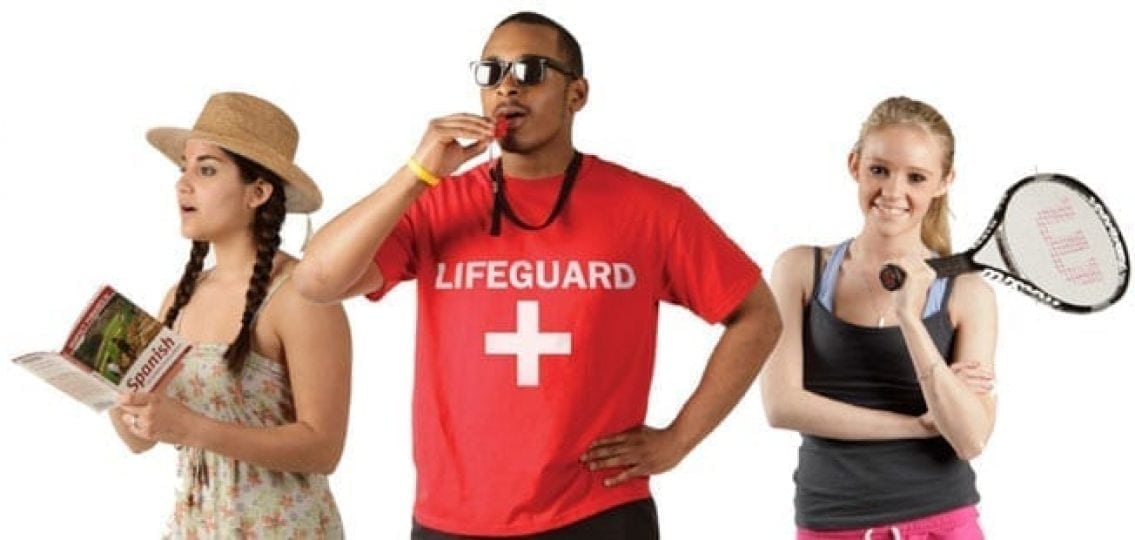 three teenagers dressed for summer plans one a lifeguard one reading a spanish dictionary one with a tennis uniform