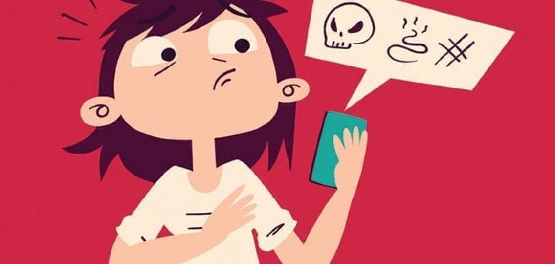 cartoon of a shocked girl holding a phone with a speech bubble coming from it with swearing symbols