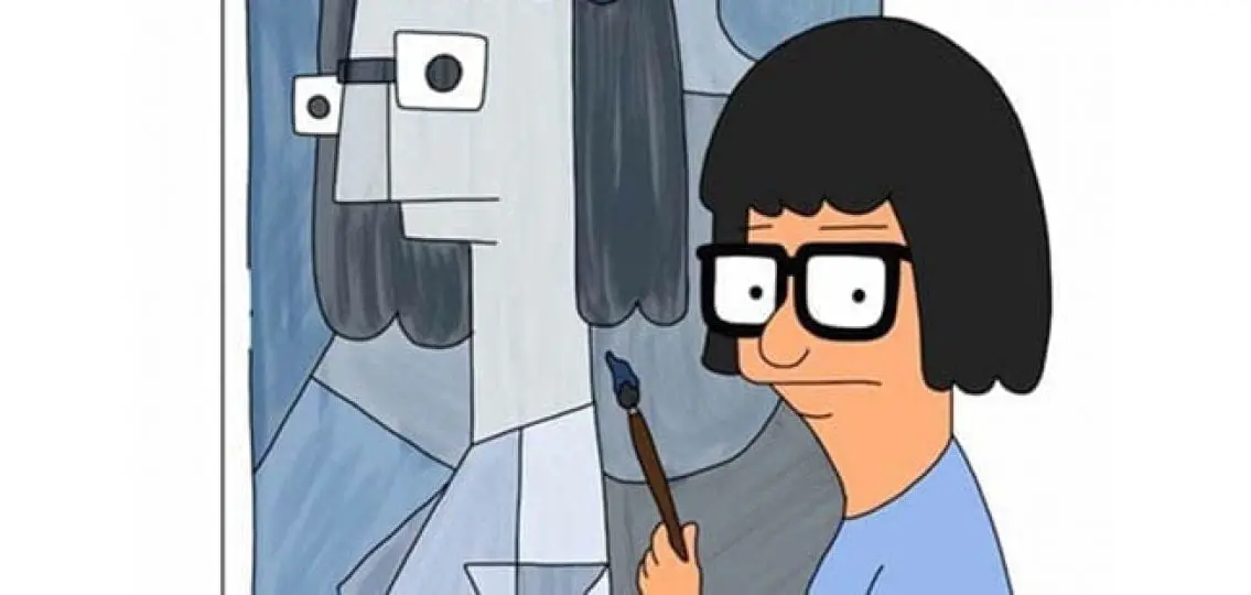 cartoon: tina from bob's burgers painting a Picasso-esque self portrait in blue