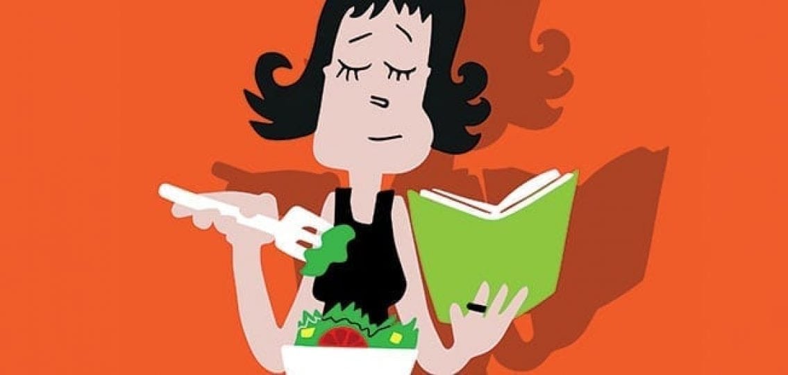cartoon illustration of a woman eating a salad and reading a book