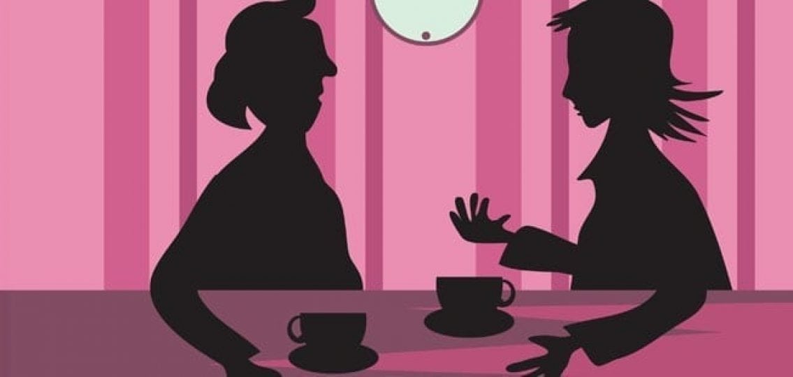 illustration of two silhouetted women with coffee mugs