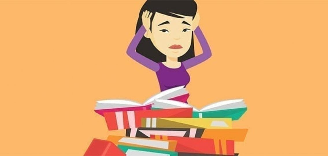 cartoon of a stressed teenager trapped in piles of books