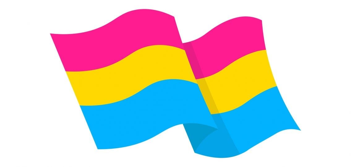 cartoon illustration of the pansexual flag waving with the colors pink yellow and blue