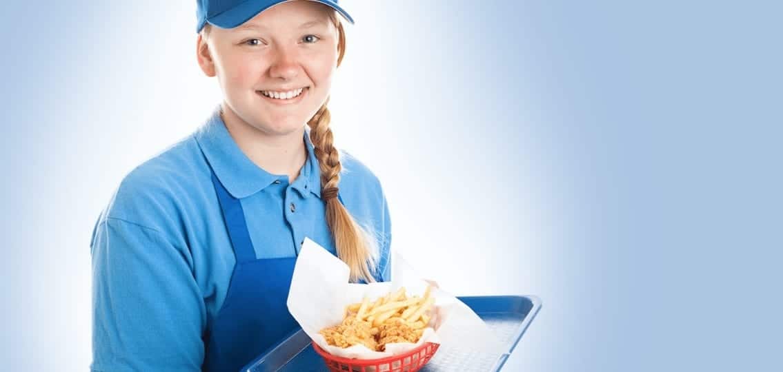 Girl Working Fast Food job blue background