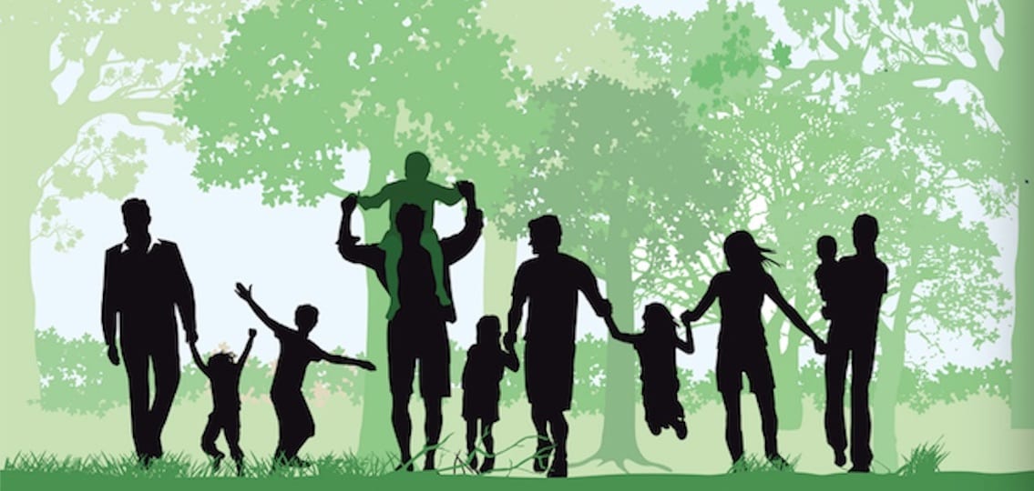 Cartoon of multiple families walking in a park and holding hands