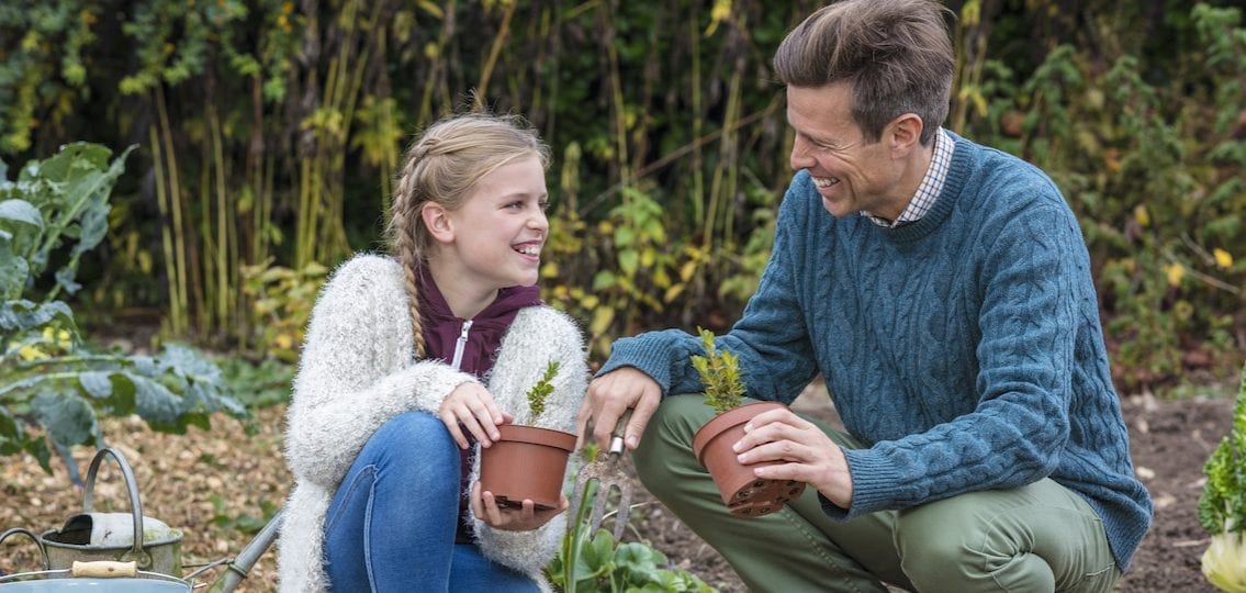 Happy Family Man Girl Child Father Daughter Gardening