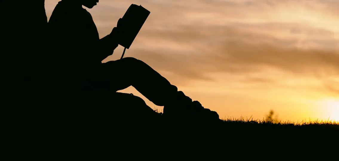 Teen boy reading silhouette at sunset
