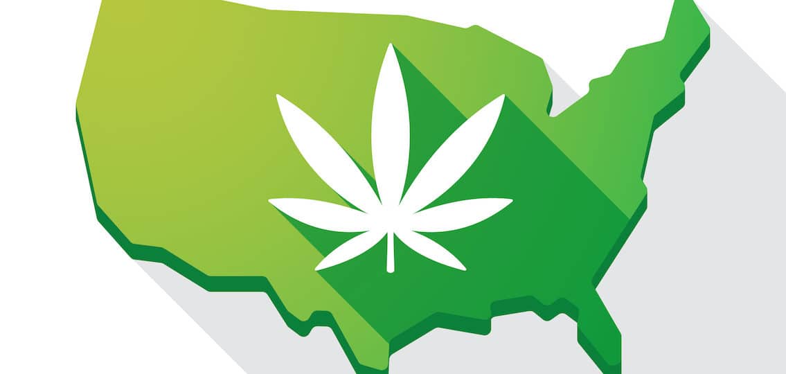 Long shadow USA map icon with a marijuana leaf