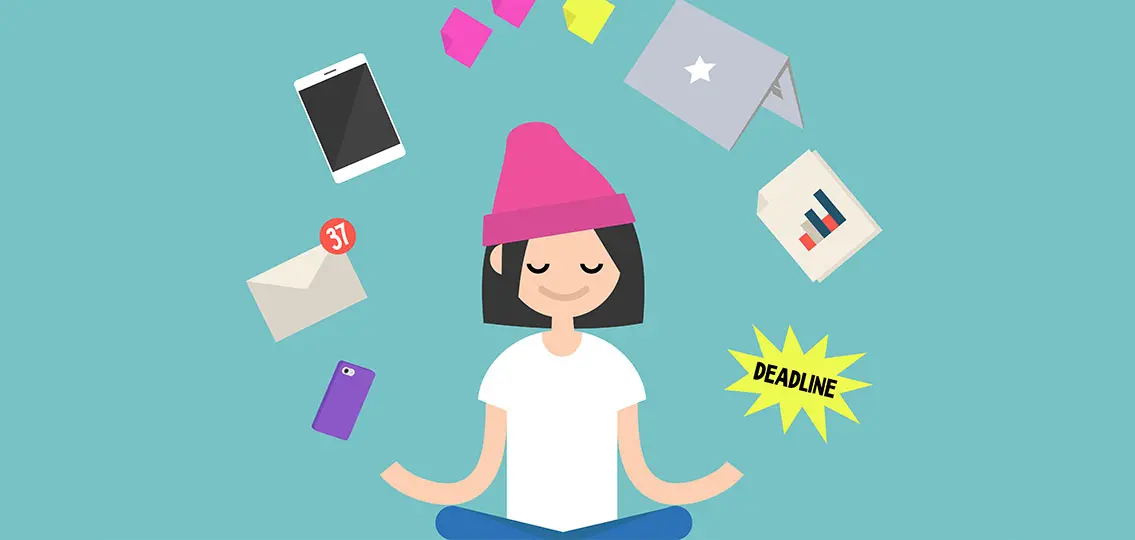 cartoon of Teen girl meditating with technology and deadlines floating around her head