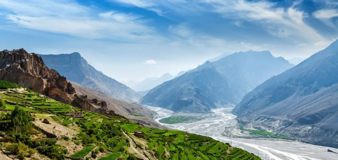 view of spiti valley and spiti river in himalayas. spiti valley, himachal pradesh, india
