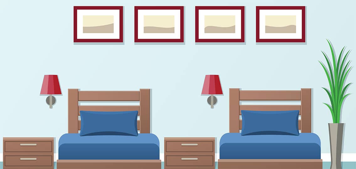 Cartoon of nice hotel two blue beds