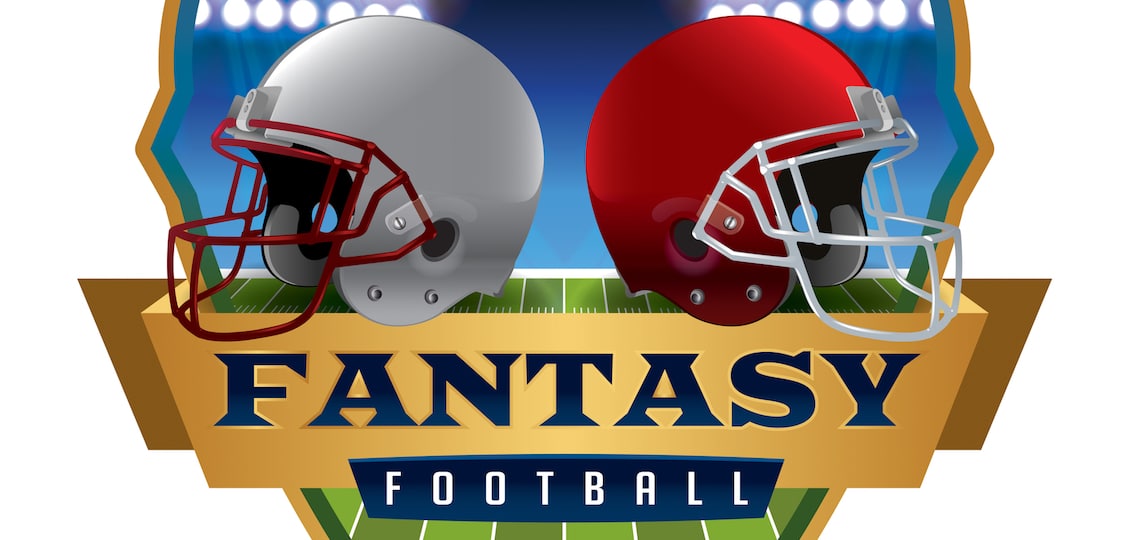 An illustration of an American fantasy football helmets and badge.