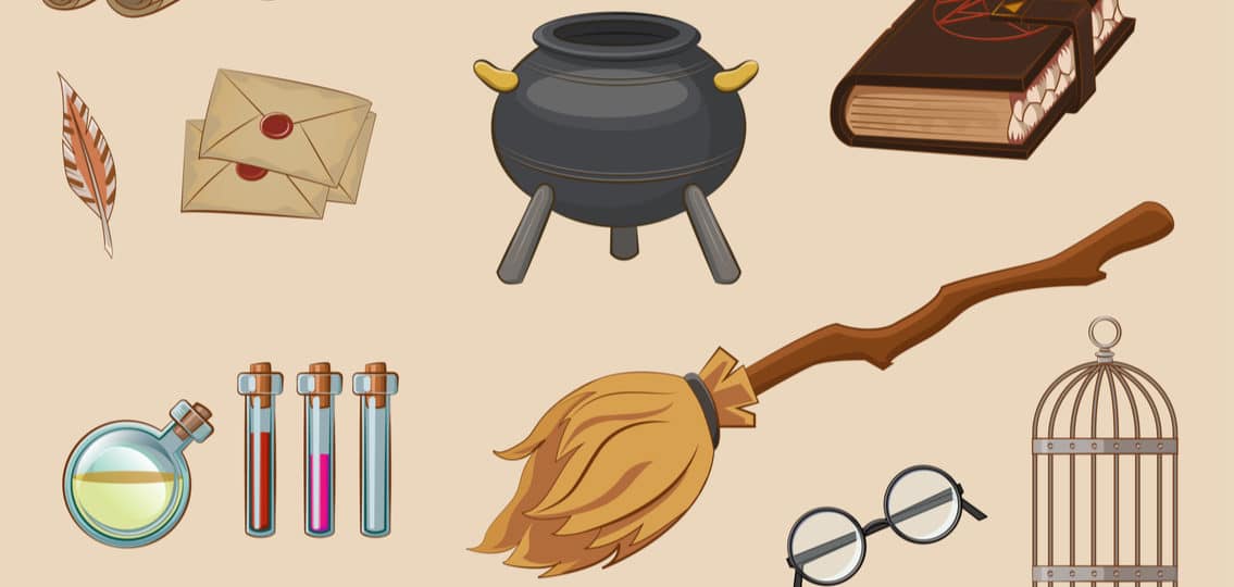 illustration of harry potter themed items like a cauldron and glasses and potions