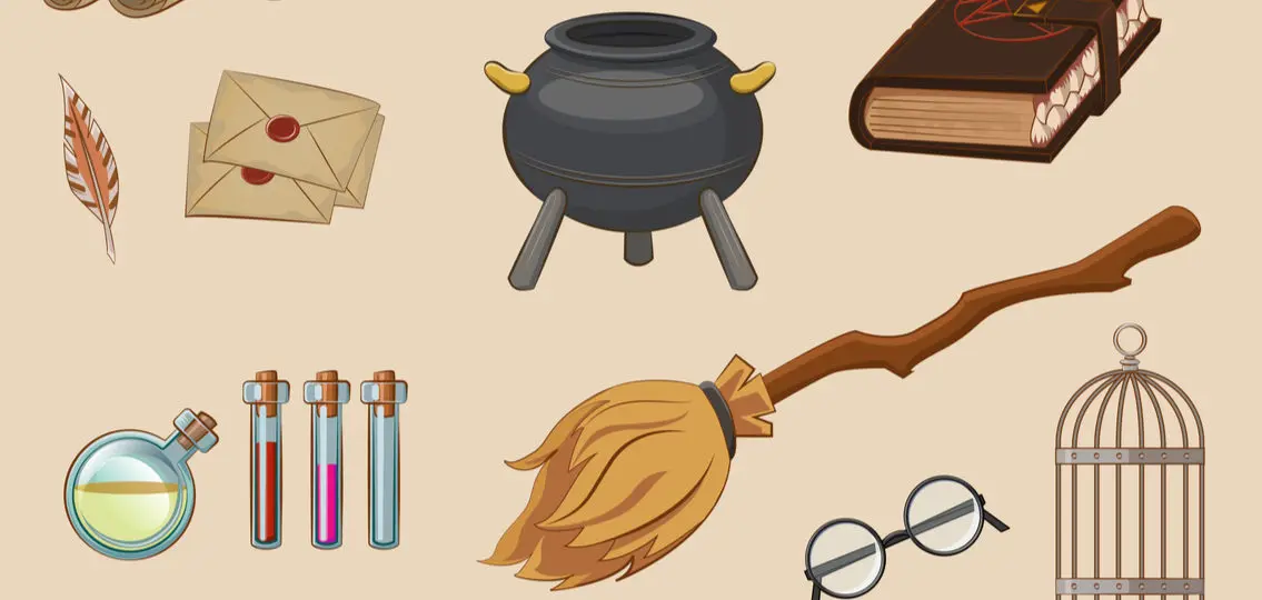illustration of harry potter themed items like a cauldron and glasses and potions