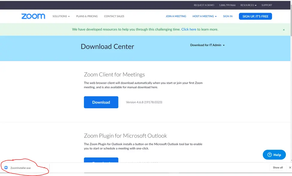 Zoom webpage Download Center Zoom Client for Meetings with ZoomInstaller.exe circled on the bottom left