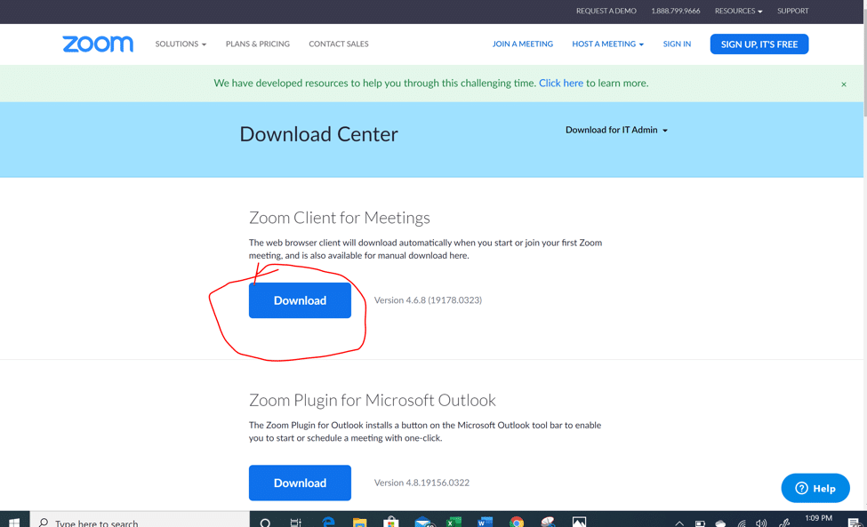 Zoom webpage Download Center Zoom Client for Meetings with the blue Download button circled