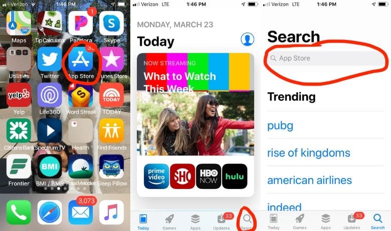 a phone screen with the app store app circled and a screen of the app store with the search icon circled on the bottom right and then the search page with the search bar at the top circled